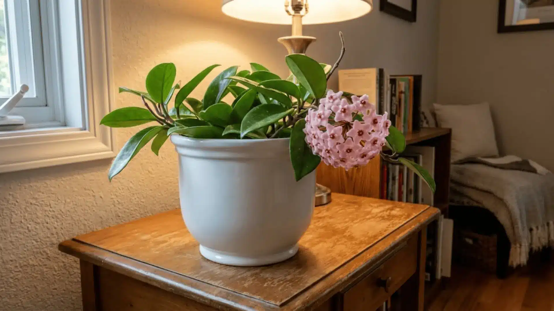 mature hoya plant with waxy leaves and pink star-shaped blooms on a wooden side table indoors