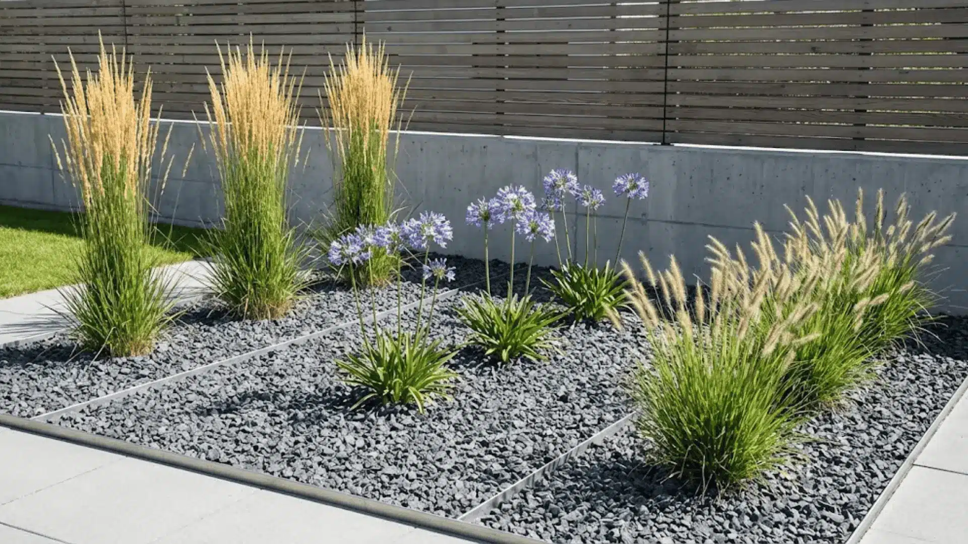 minimalist garden bed with three clusters of ornamental grasses and agapanthus spaced with clean lines