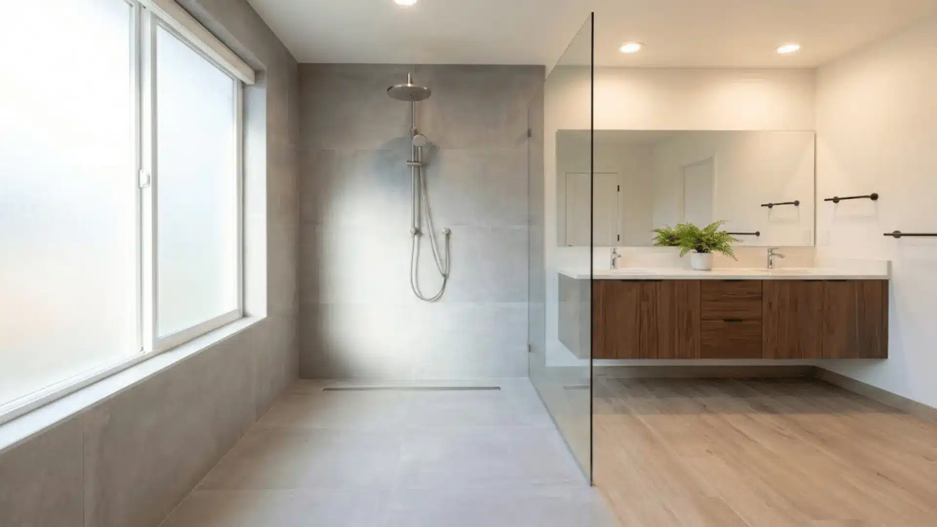 modern doorless curbless shower with gray tile and frameless glass in contemporary bathroom