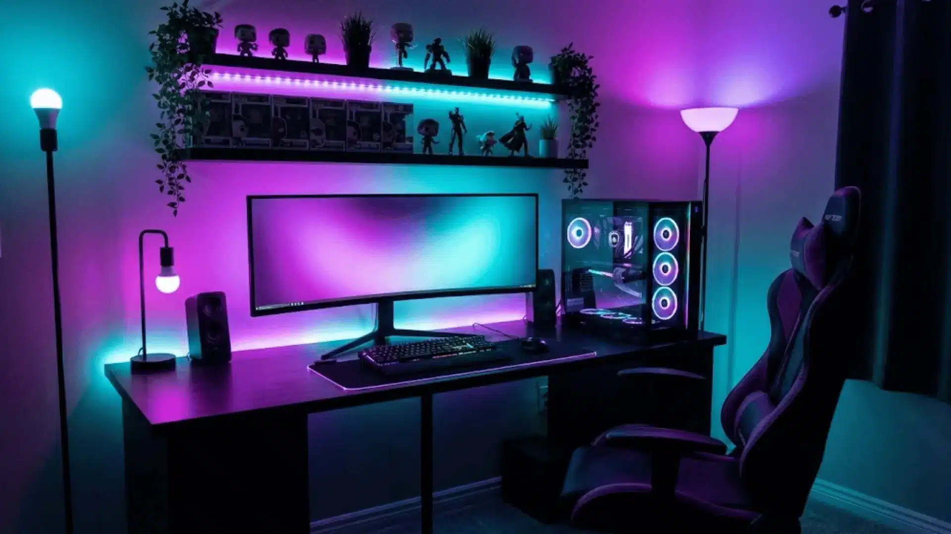 modern gaming setup with rgb led strips behind monitor and shelves creating colorful ambient lighting