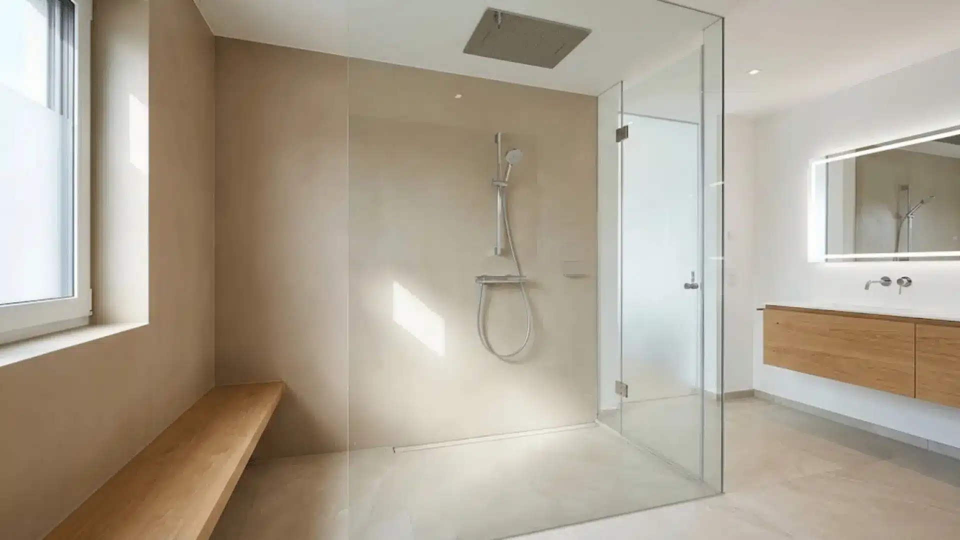 modern groutless shower with smooth wall panels, glass enclosure, and natural lighting in contemporary bathroom