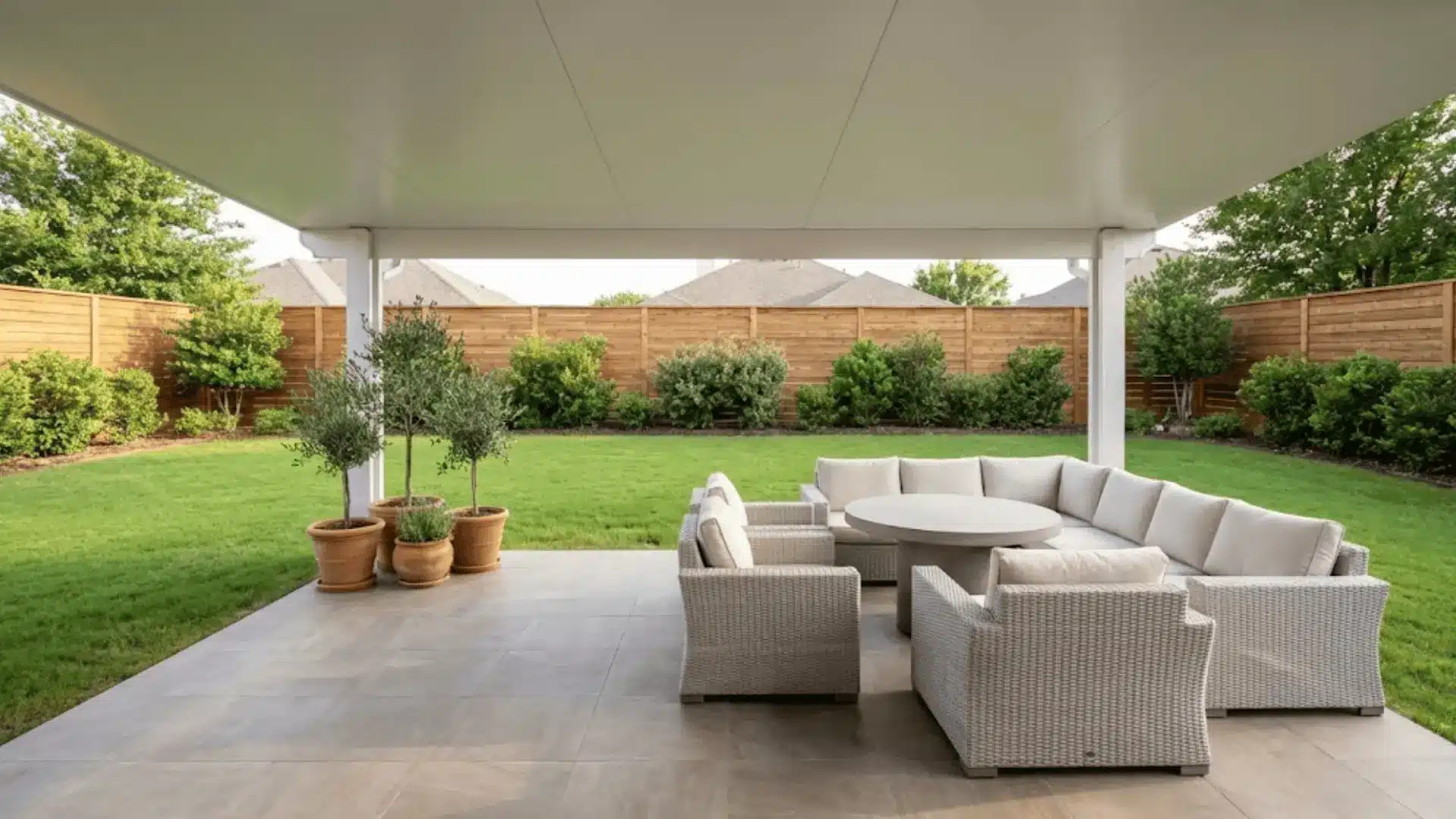 modern white aluminum patio cover over an outdoor dining set with a green lawn and cedar fence in the background