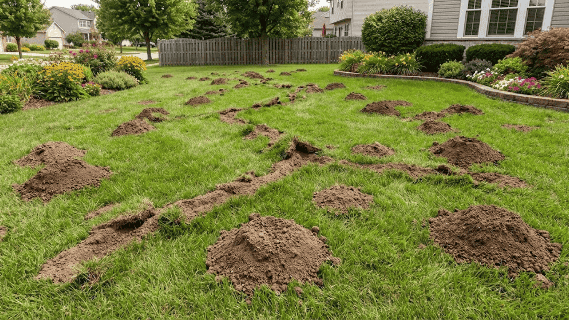 mole damage with cone-shaped soil mounds, raised tunnel ridges across lawn, and healthy undamaged plants nearby