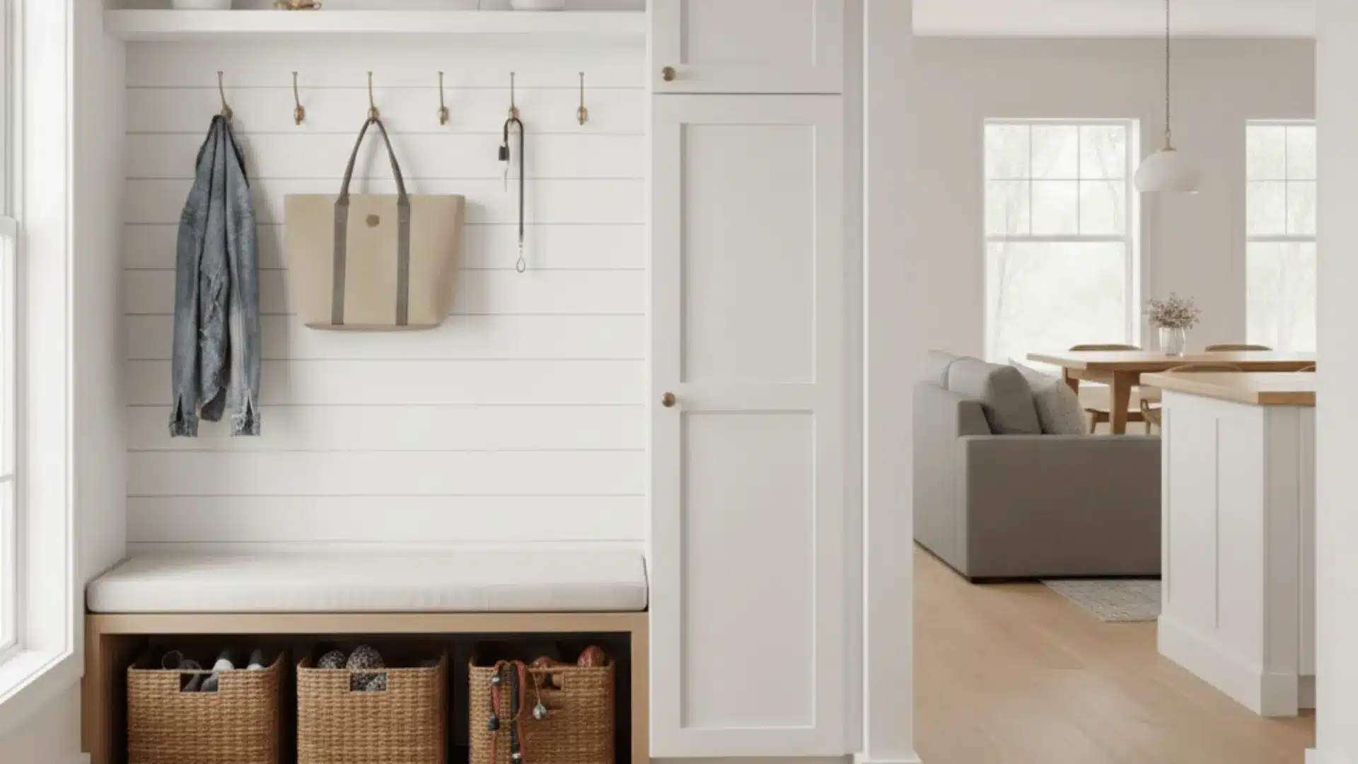 mudroom drop zone with hooks bench and baskets near entry in open floor plan