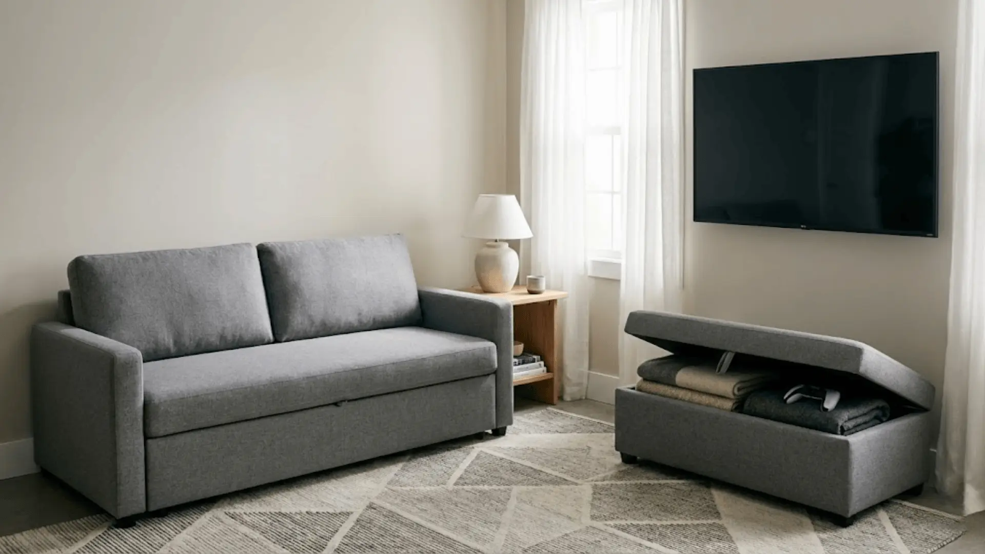 multi-purpose room with sleeper sofa, wall-mounted tv, and storage ottoman for guest and gaming space