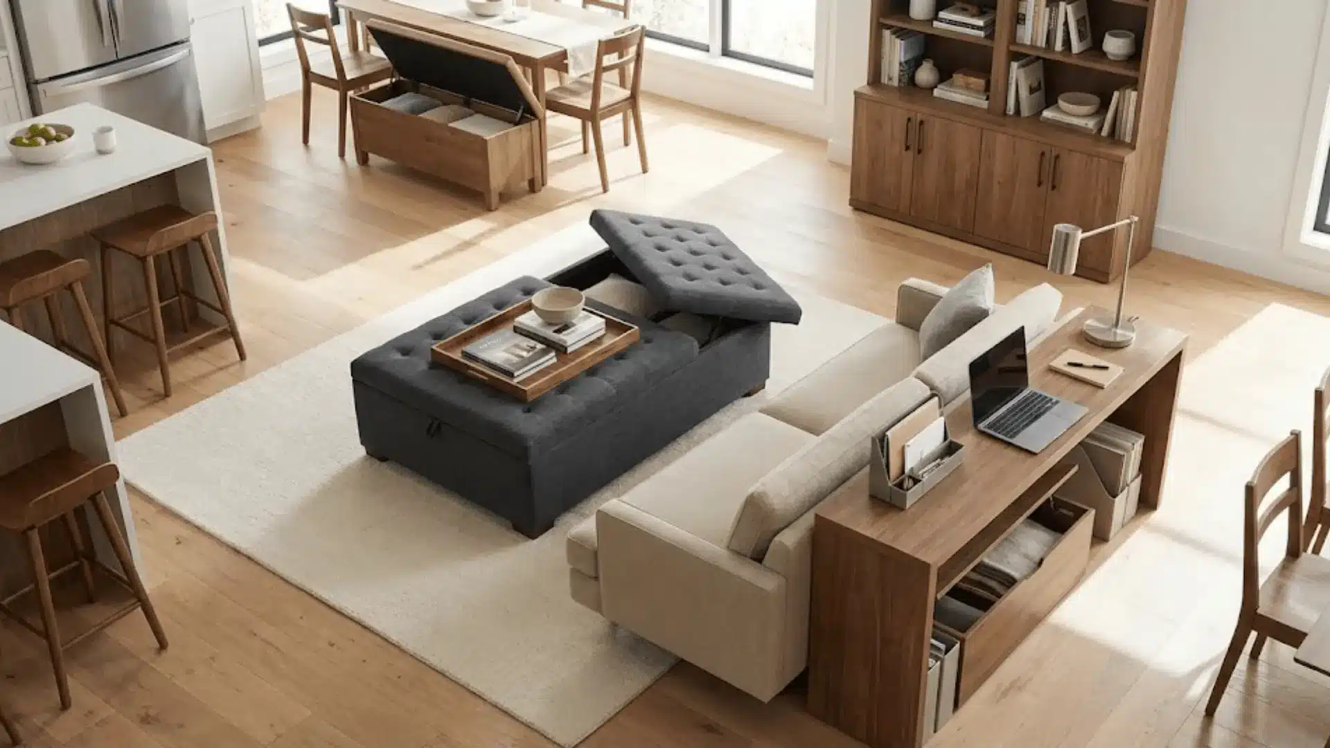 multifunctional ottoman and furniture pieces in open floor plan living room