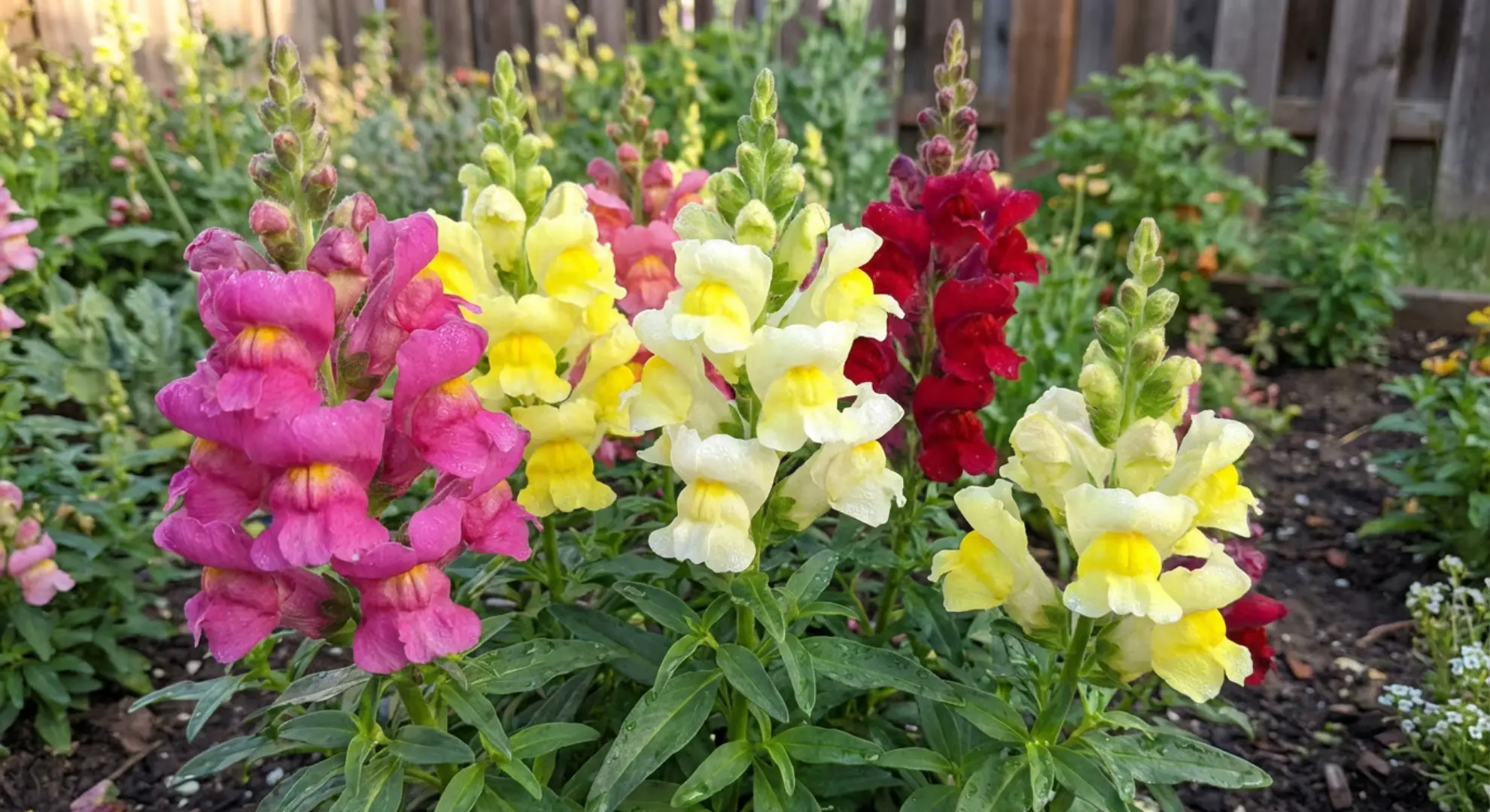 multiple snapdragon flower spikes in various colors growing in healthy garden soil