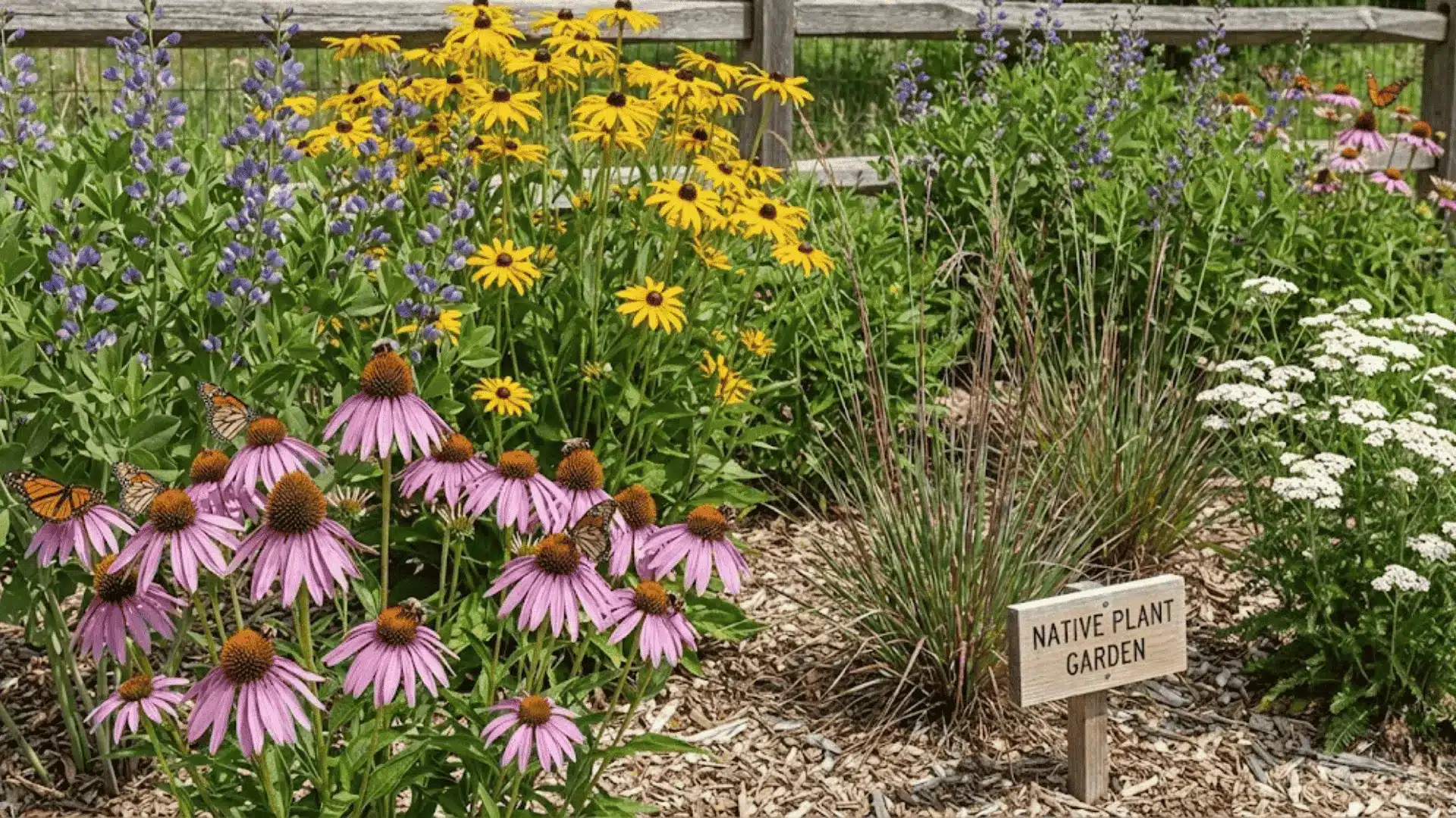 native plant garden with purple coneflowers, black-eyed susans, and butterflies