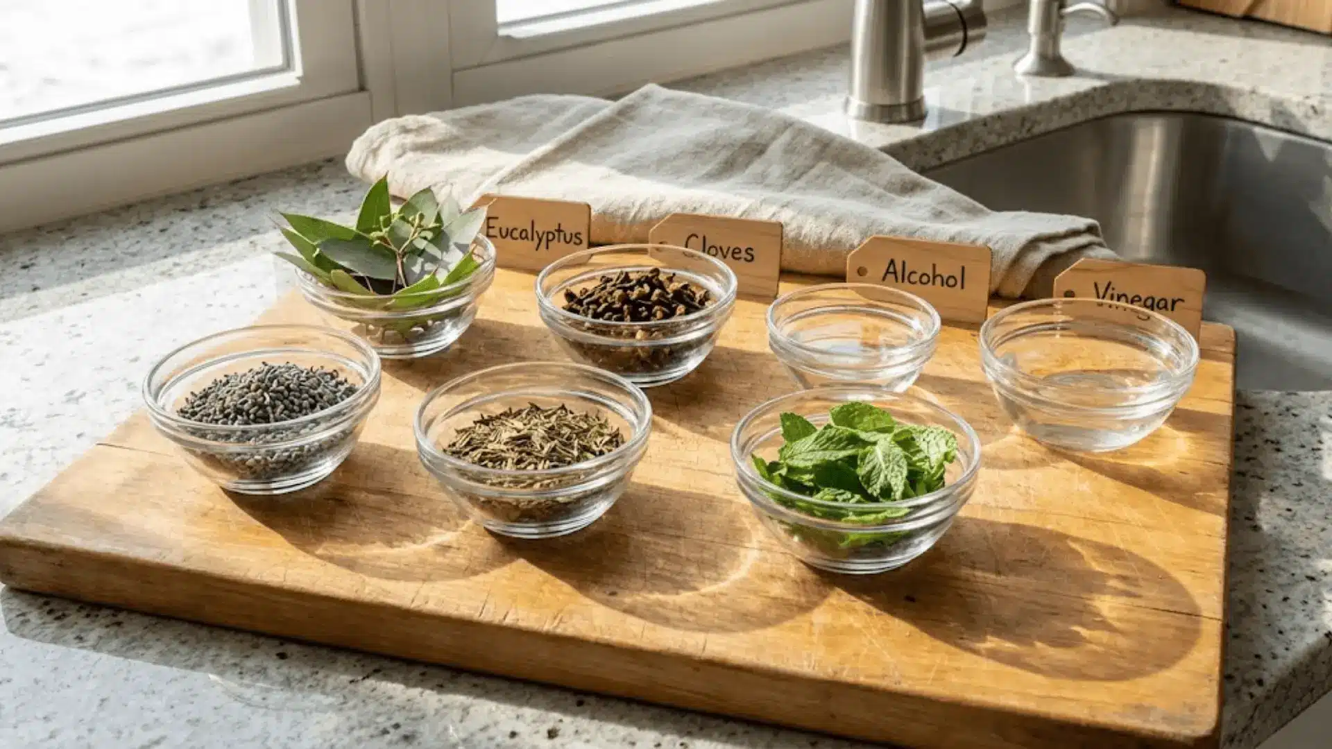 natural bed bug repellents displayed in glass bowls on wooden cutting board kitchen setting