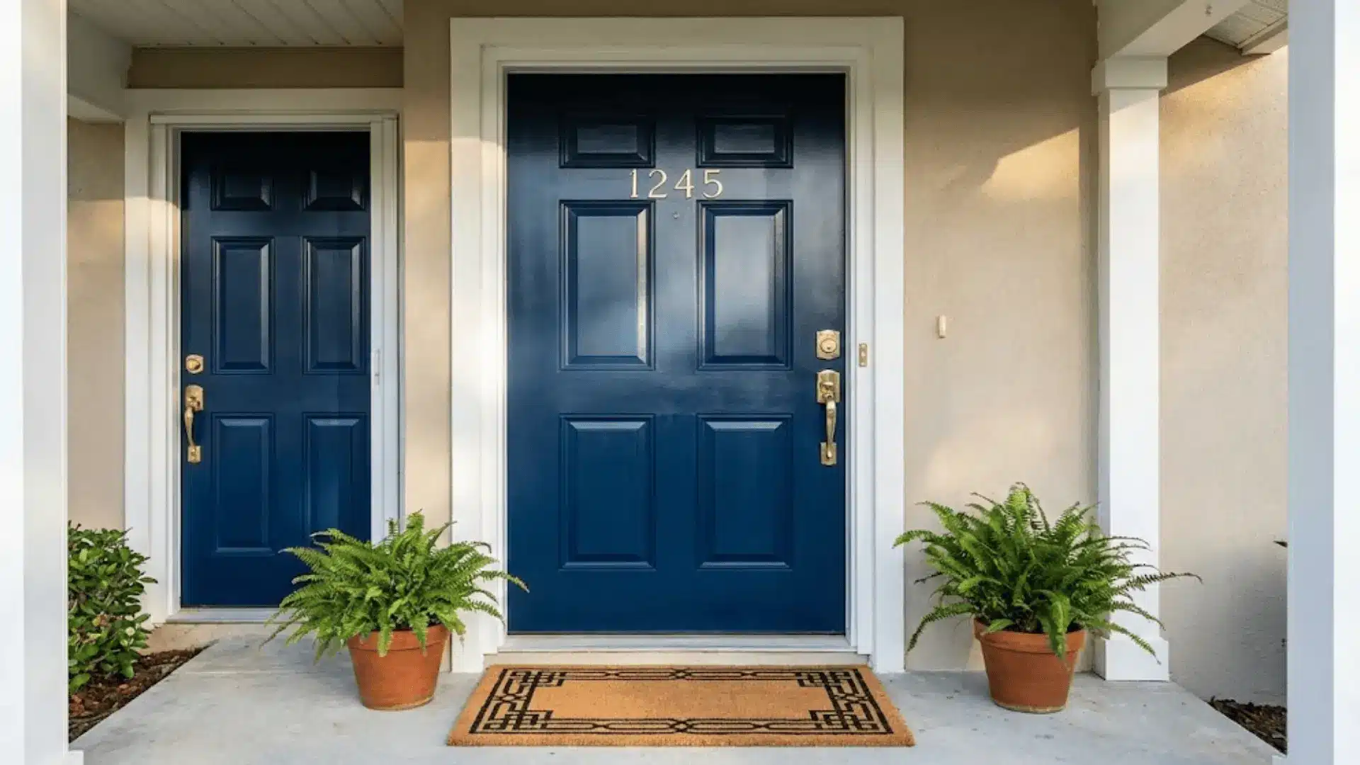 navy blue painted front door with brass hardware and white trim frame