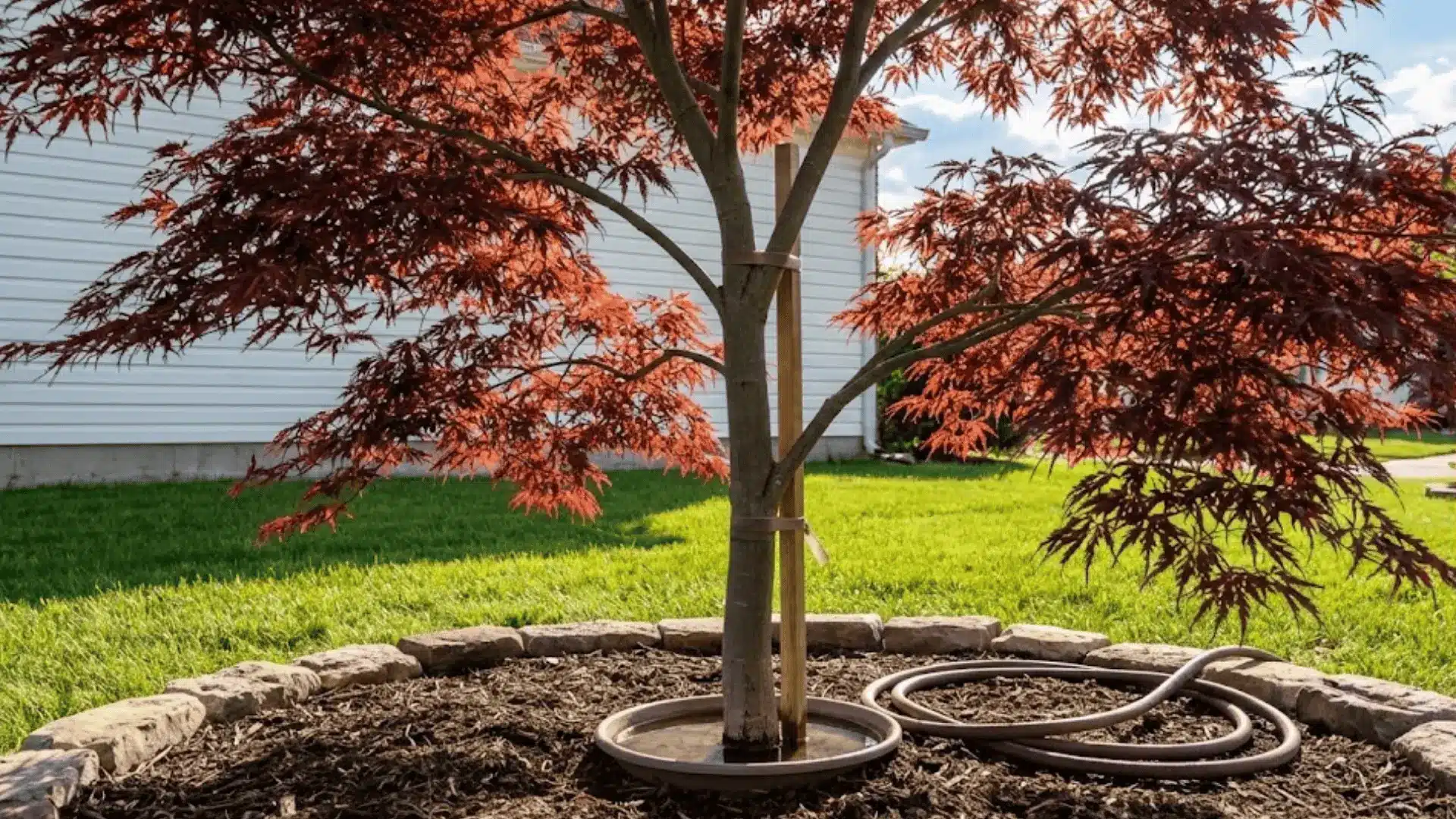 newly planted dwarf japanese maple with red leaves in circular mulched bed
