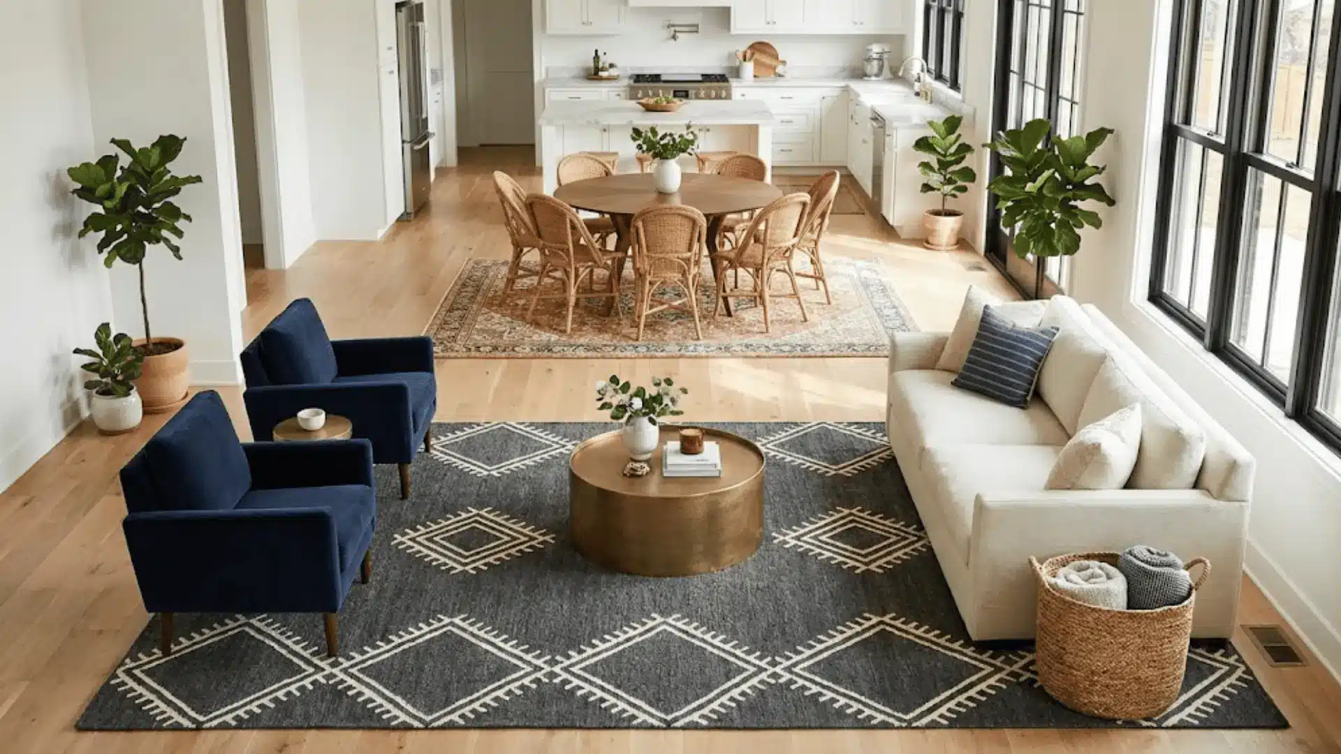open floor plan with area rugs defining living room, dining area, and kitchen zones