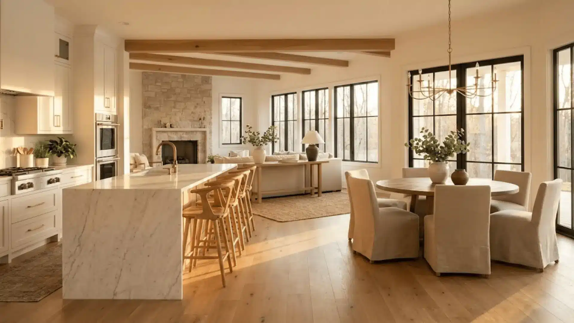 open floor plan with kitchen island, dining area, and living room flowing together with natural light