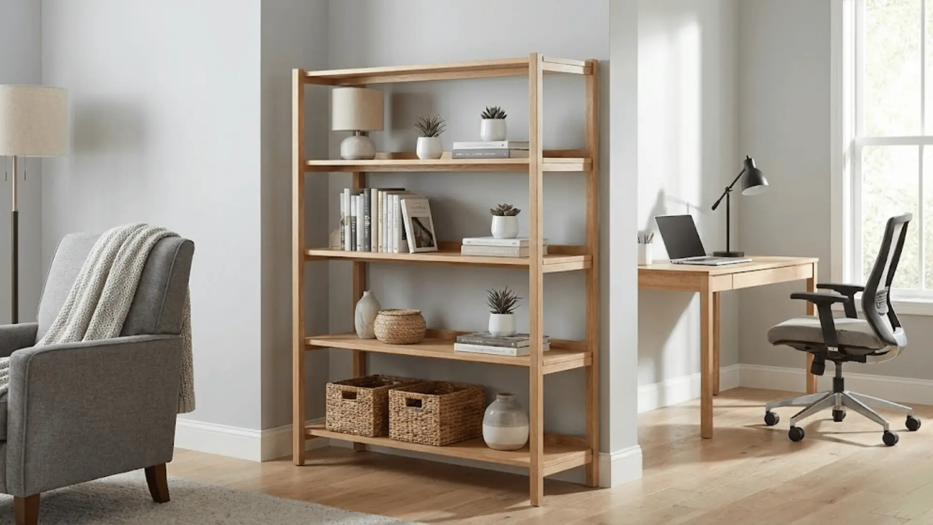 open shelving unit dividing living room and home office in open floor plan