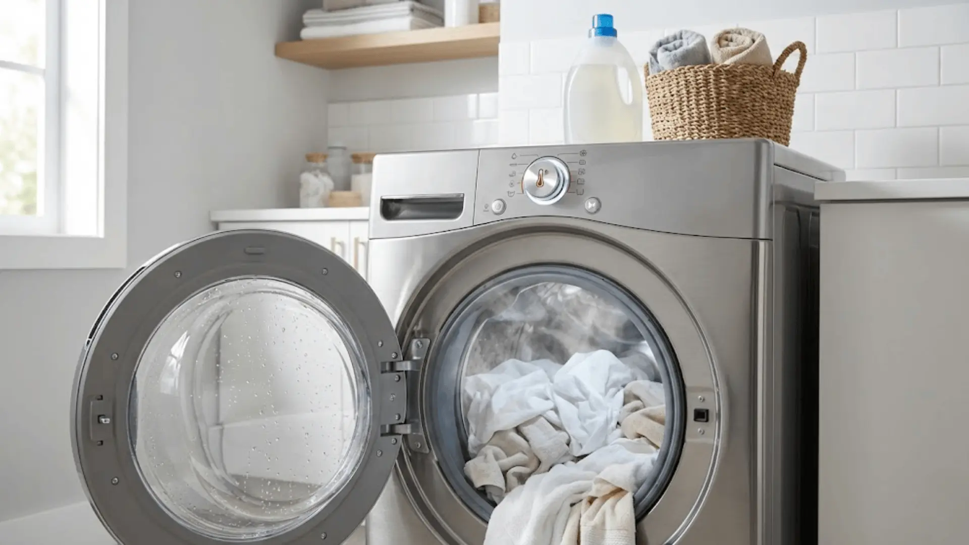 open washing machine with white bedding inside and steam rising showing hot water cycle