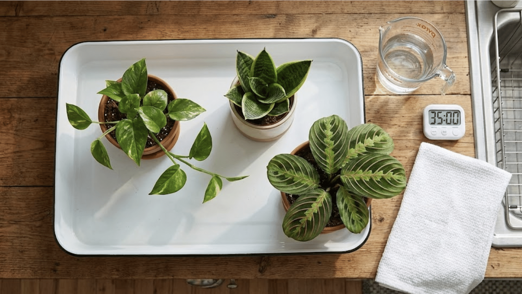 overhead view of three potted plants sitting in water-filled tray for bottom watering on wooden counter