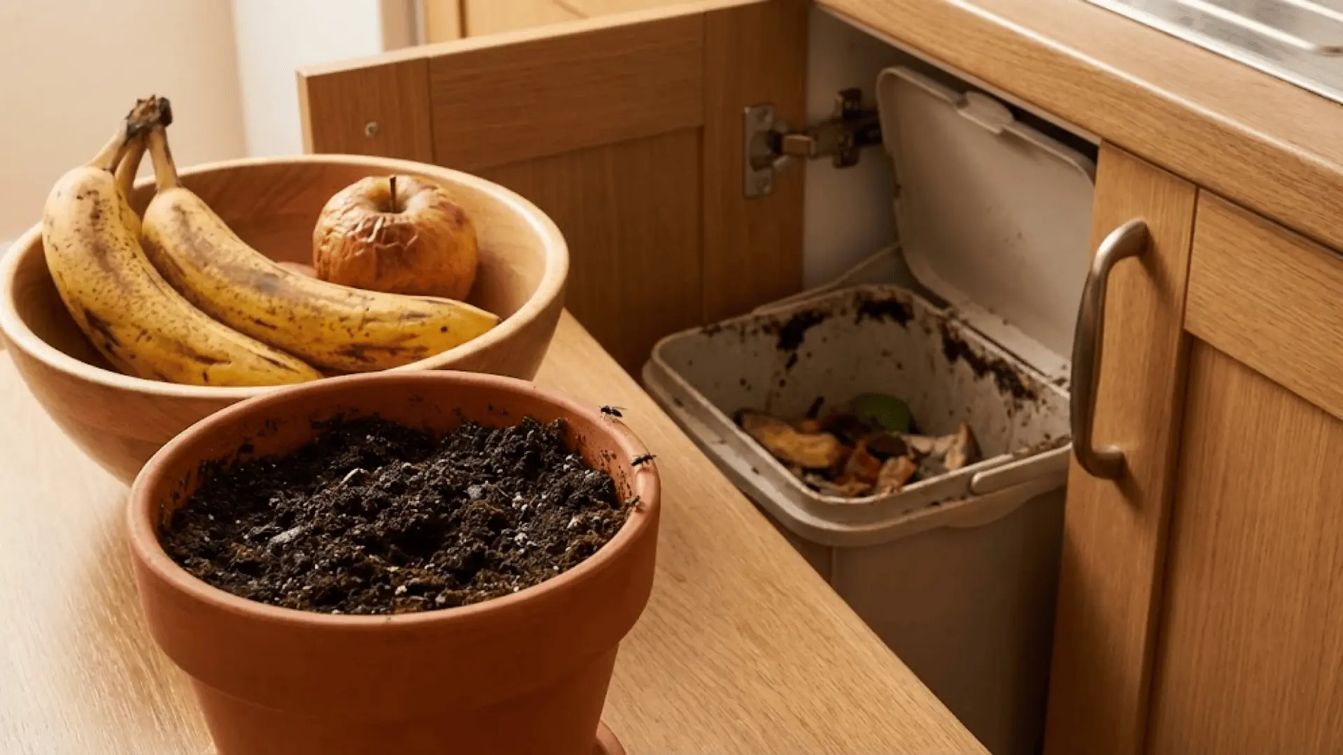 overripe fruit, damp houseplant soil, and kitchen bin showing common indoor gnat egg-laying spots