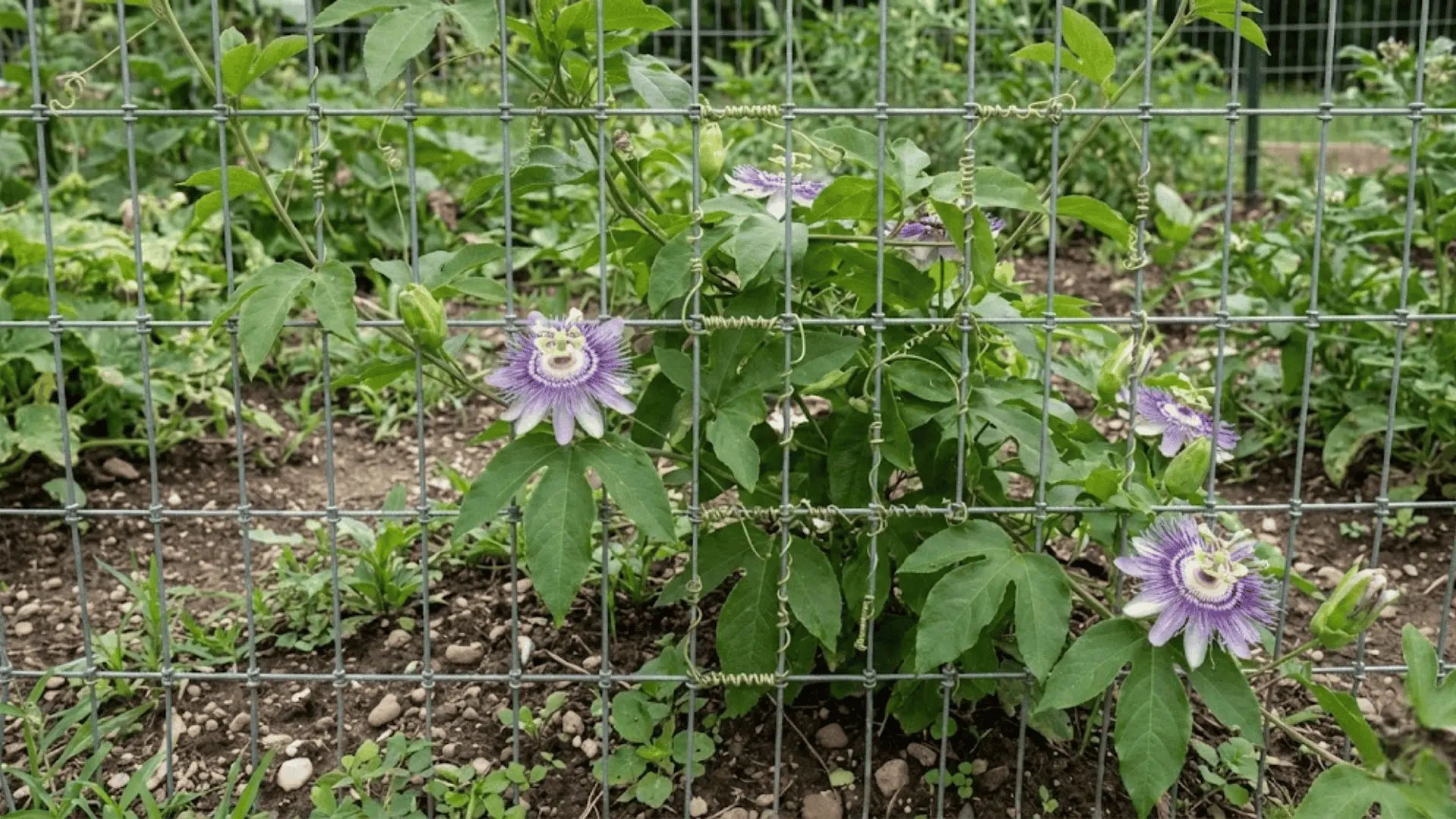 passionflower vine tendrils curling around a wire mesh fence in a bright natural garden setting