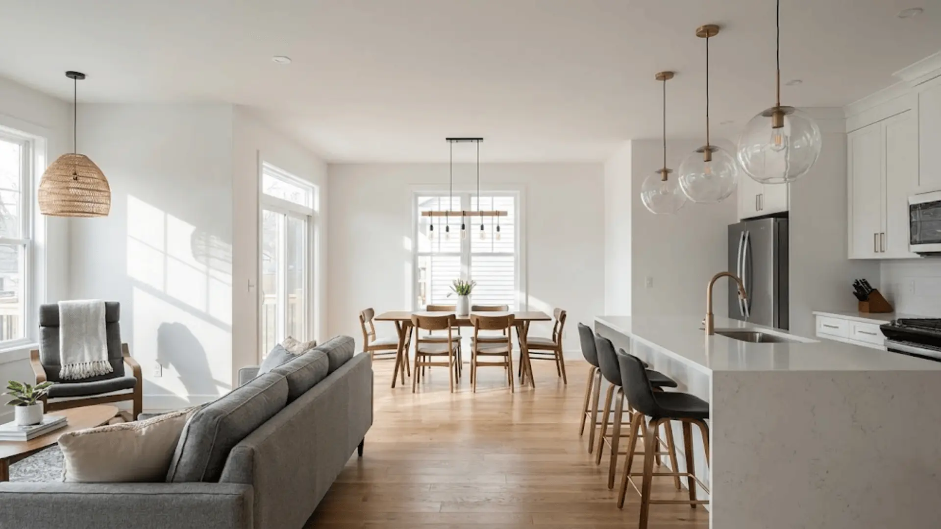 pendant lights at varying heights defining zones in open floor plan