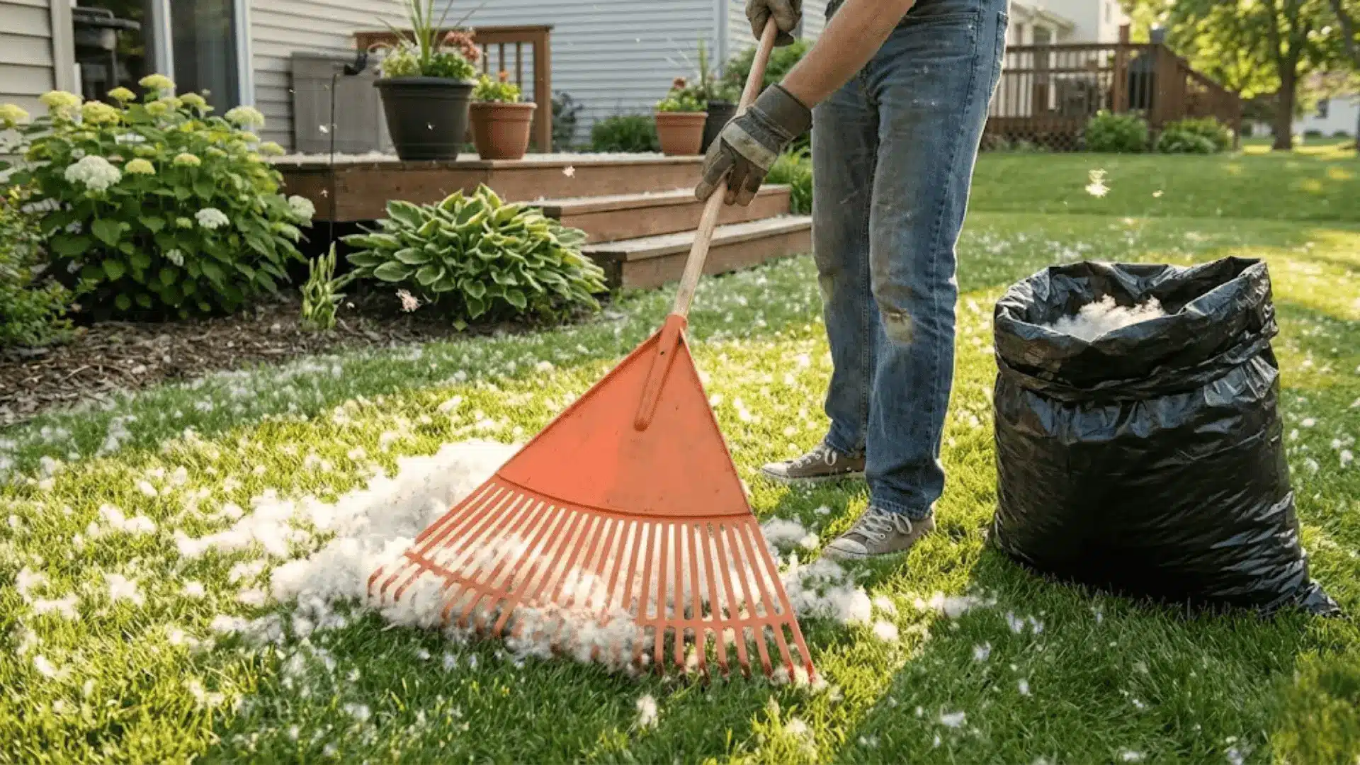 person raking cottonwood fluff off a green lawn on a sunny spring morning with a wide plastic rake