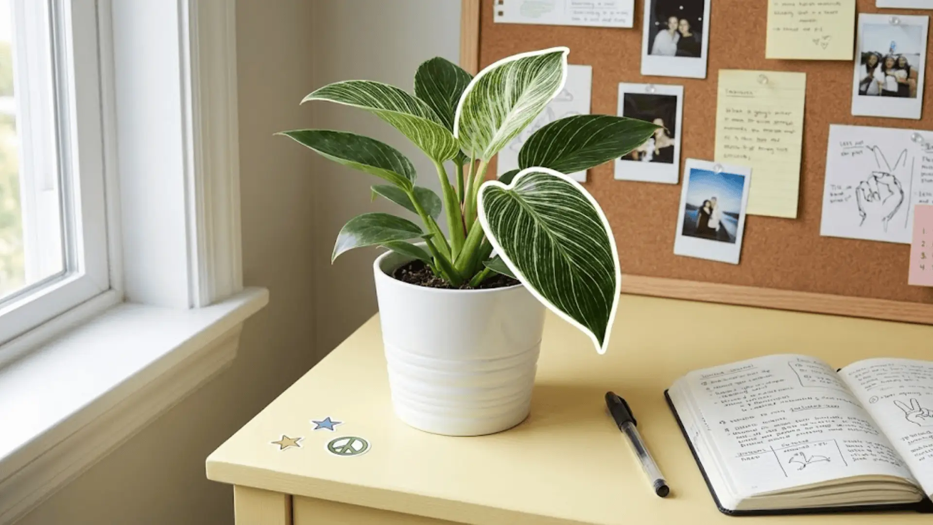 philodendron birkin on a pastel desk with stickers, white outlined leaf, and corkboard background
