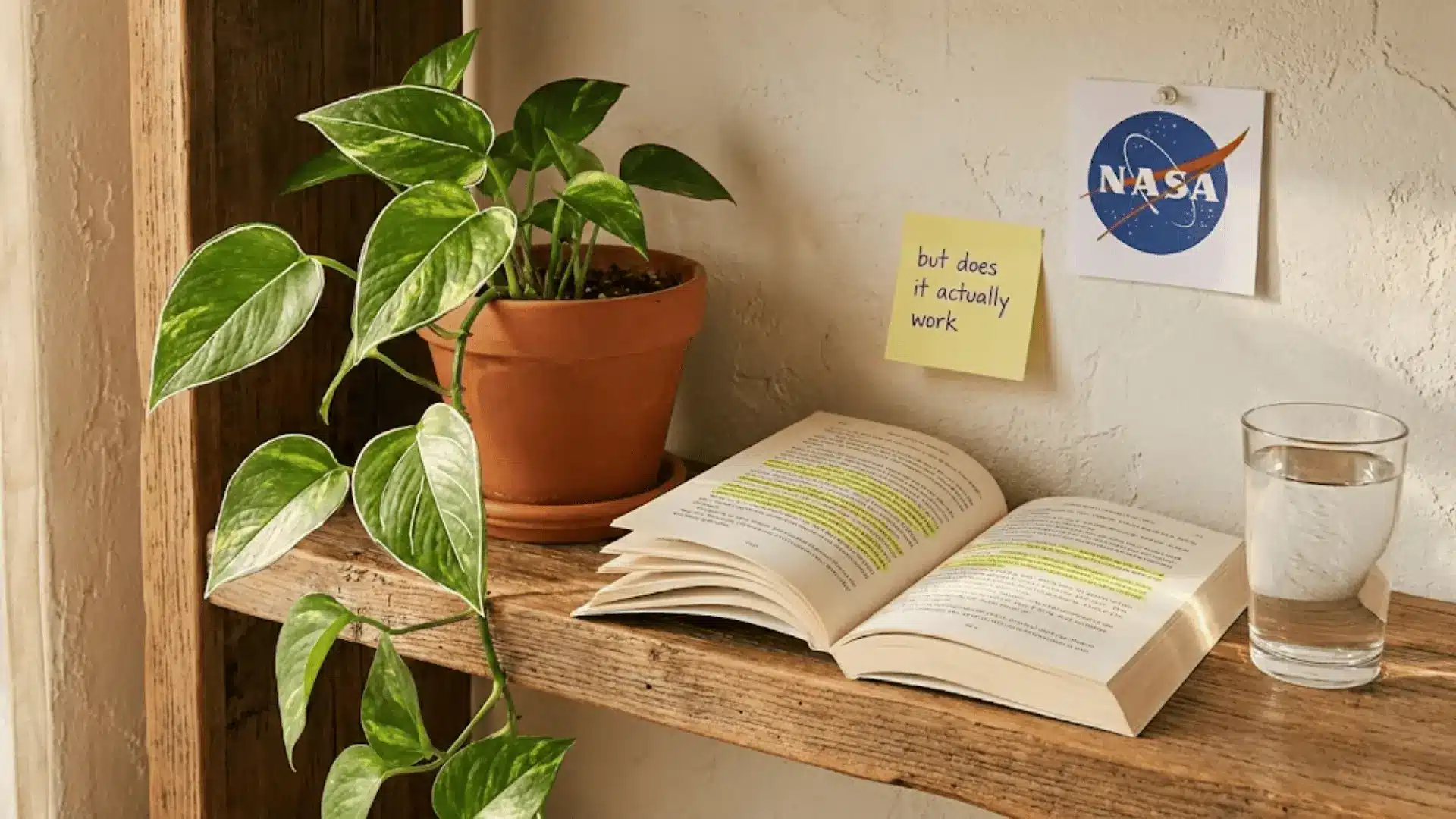 pothos on a wooden shelf with white outlined leaves, a sticky note questioning air purifying claims, warm light