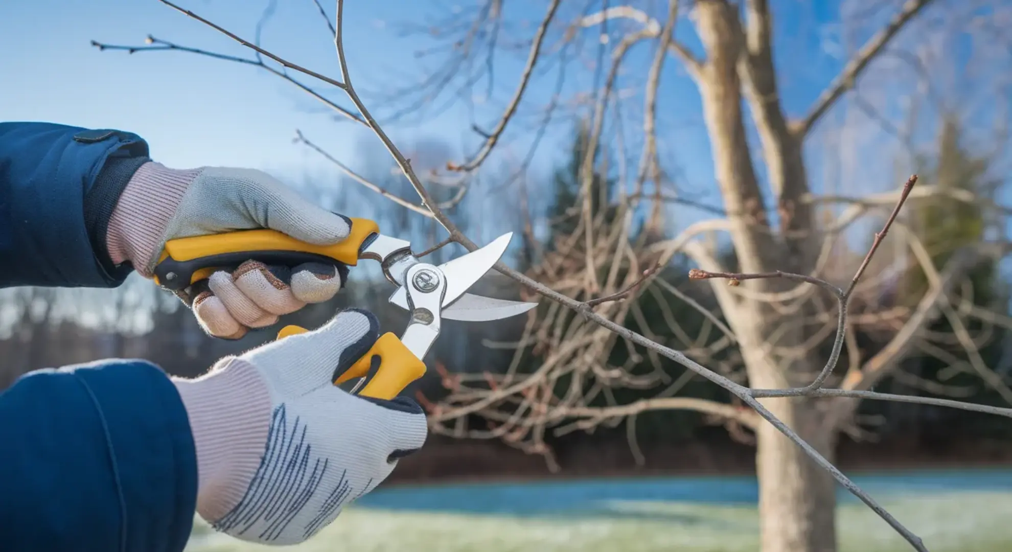 pruning dormant maple tree branch with shears in late winter showing proper cutting technique