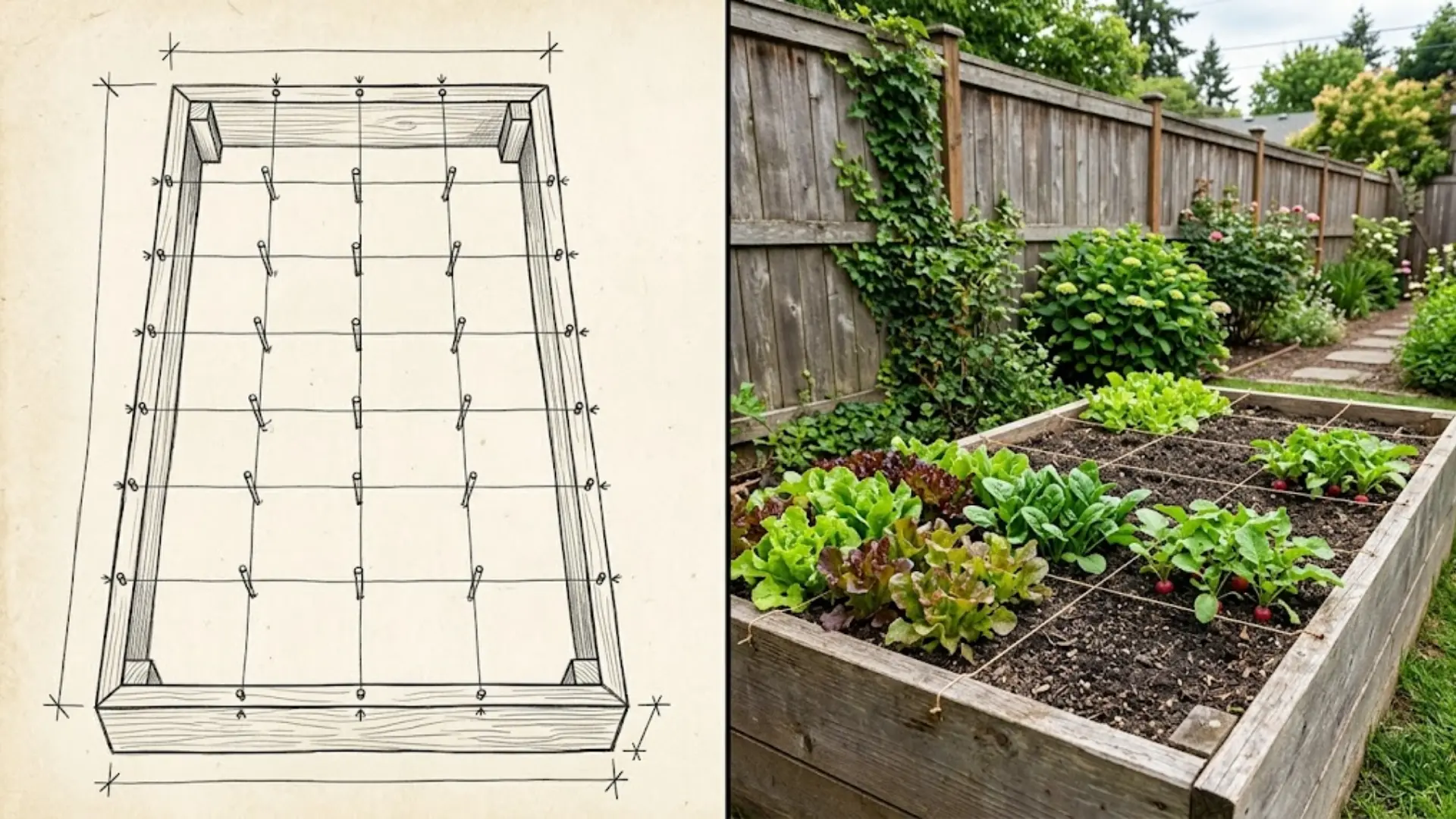 diagram and real photo of a raised bed garden divided into planting grids