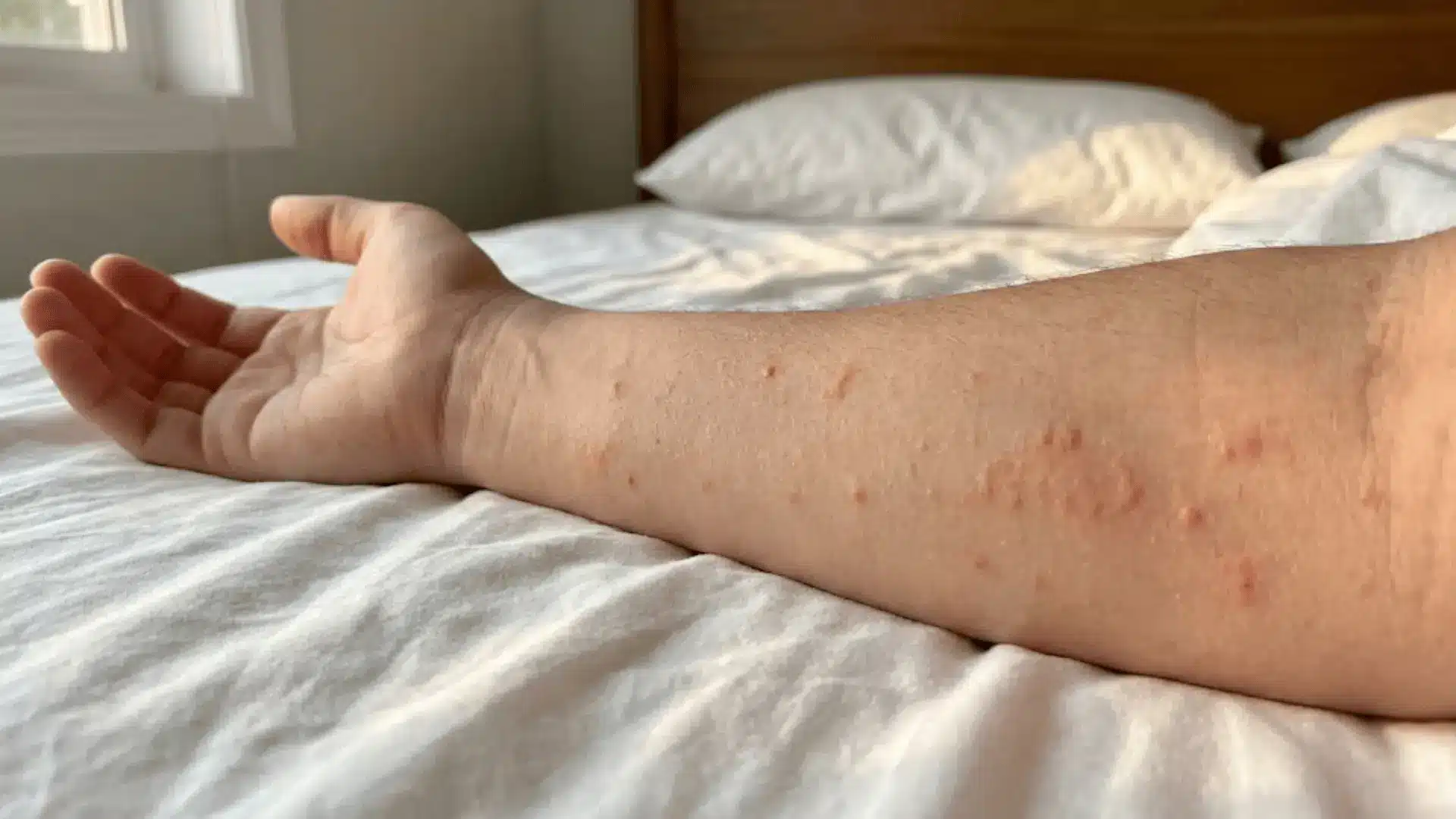 red itchy bumps on forearm from dust mite allergy resting on white sheets in morning light