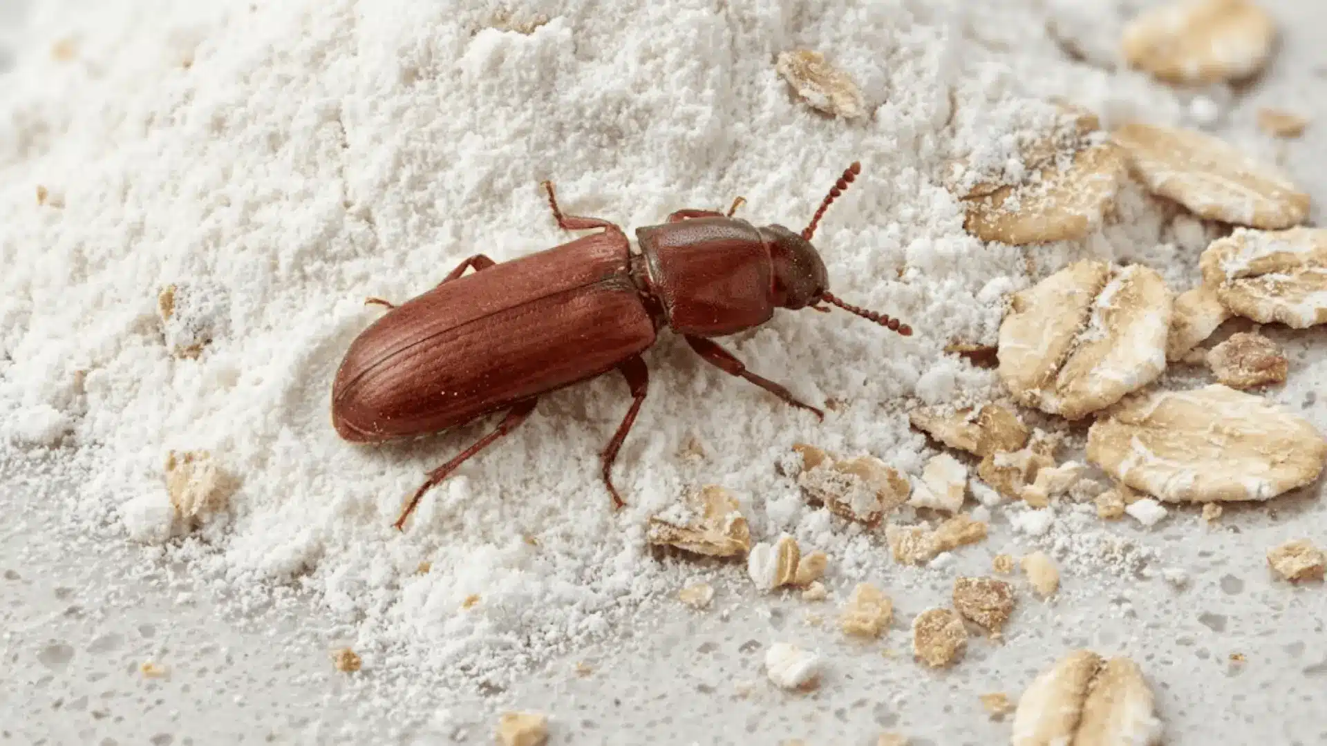 reddish-brown flour beetle on white flour with oat flakes on kitchen counter