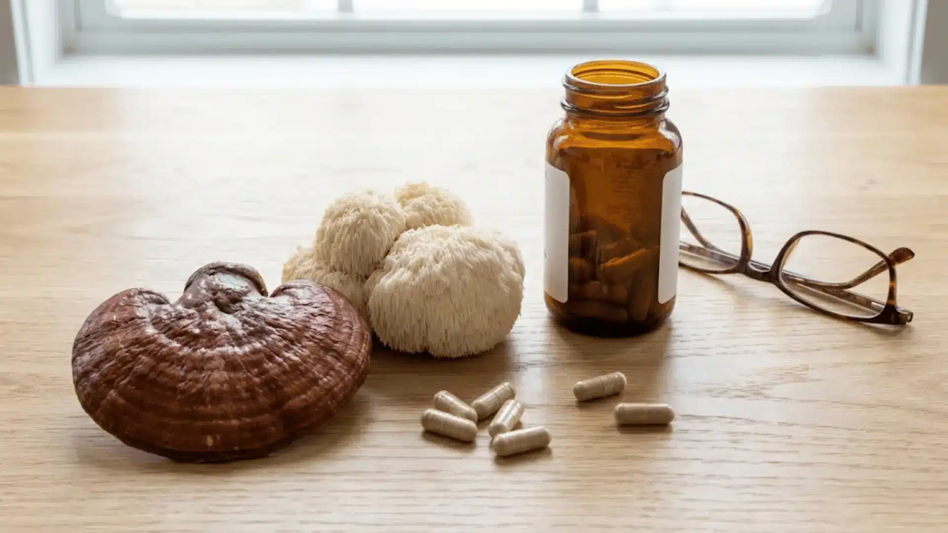 reishi and lion's mane mushrooms beside a prescription bottle and reading glasses on a white oak surface