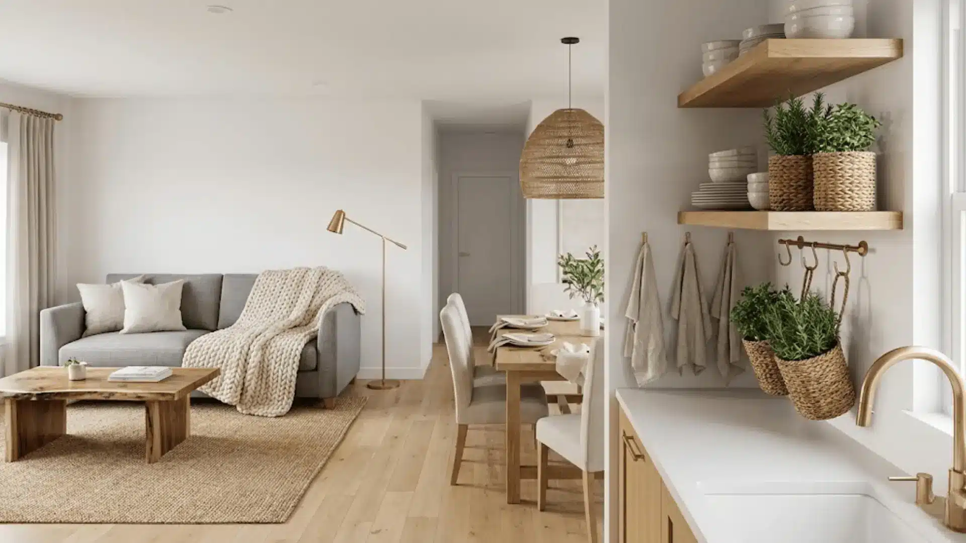 repeated textures of linen, jute, and wood connecting zones in open floor plan