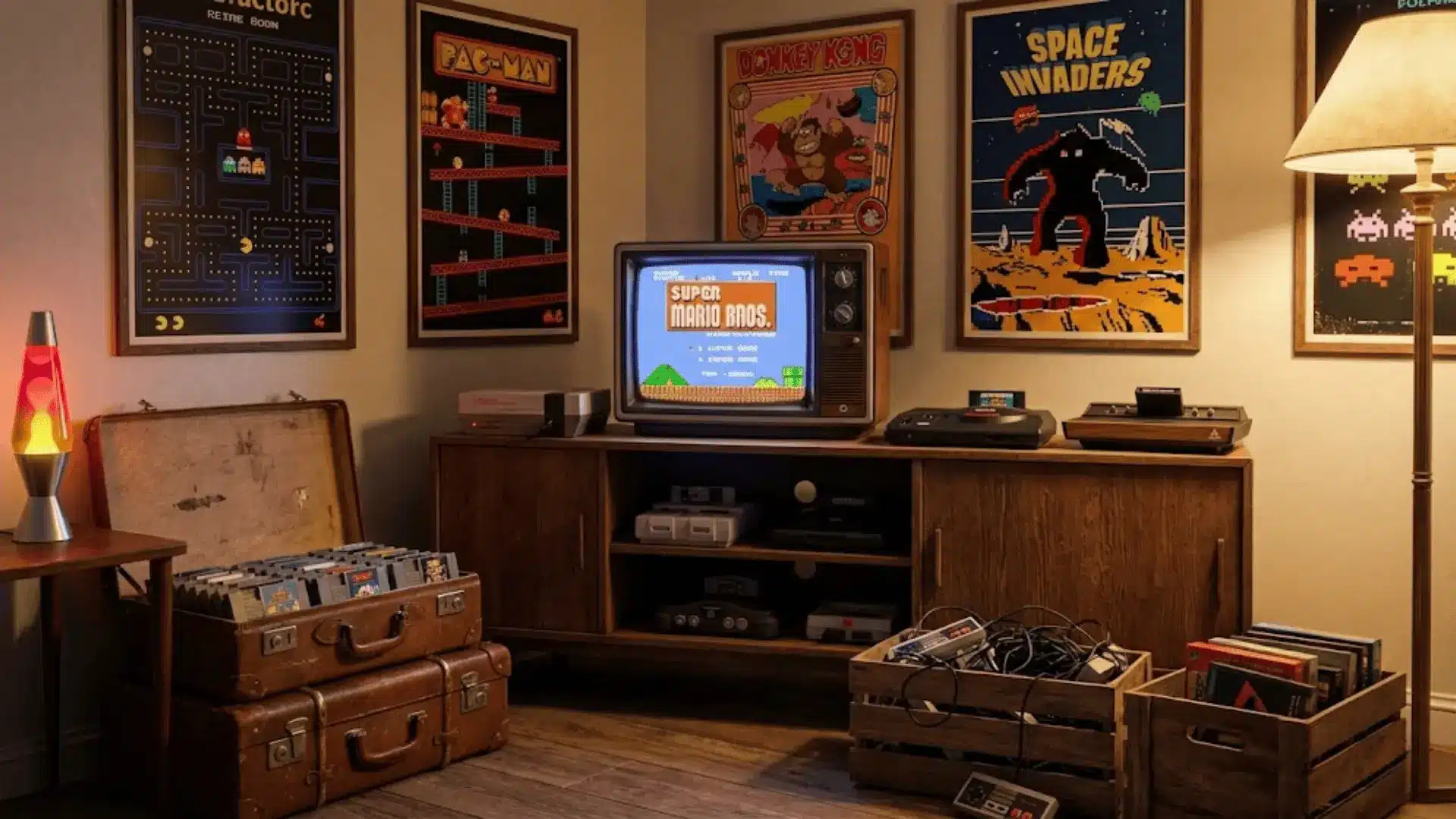 retro-themed game room with vintage consoles, classic gaming posters, and wooden crates for storage