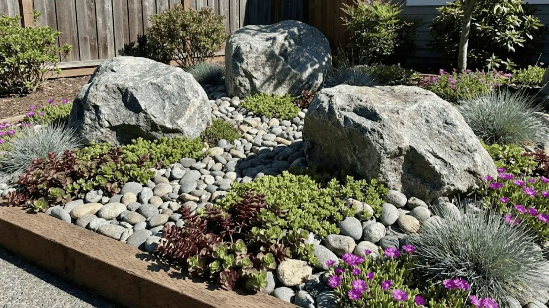 rock garden with large boulders, river stones, and drought-tolerant succulents