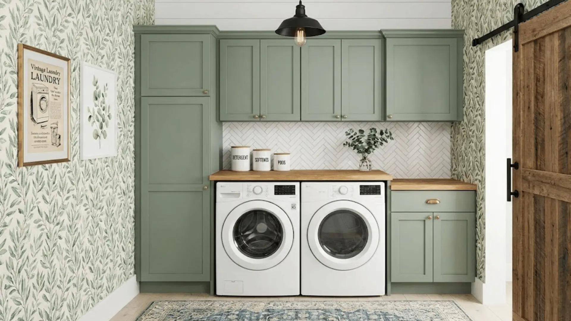 sage green laundry room cabinets with botanical wallpaper and brass hardware