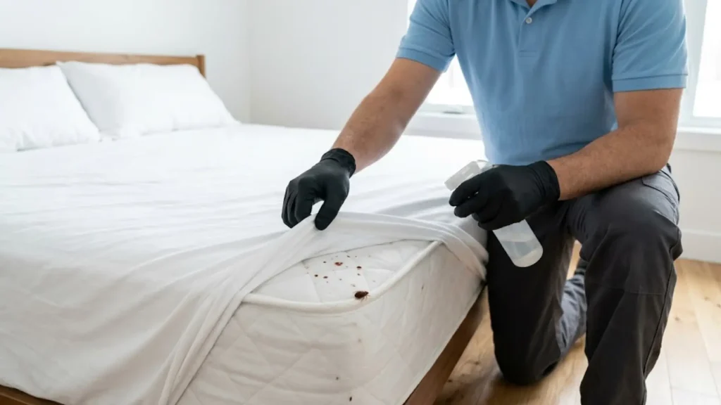 pest control technician in black gloves holding a spray bottle and lifting a mattress cover to reveal bed bugs