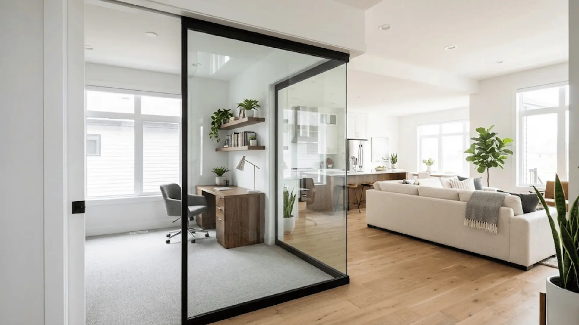 sliding glass door with black frame separating home office from living area