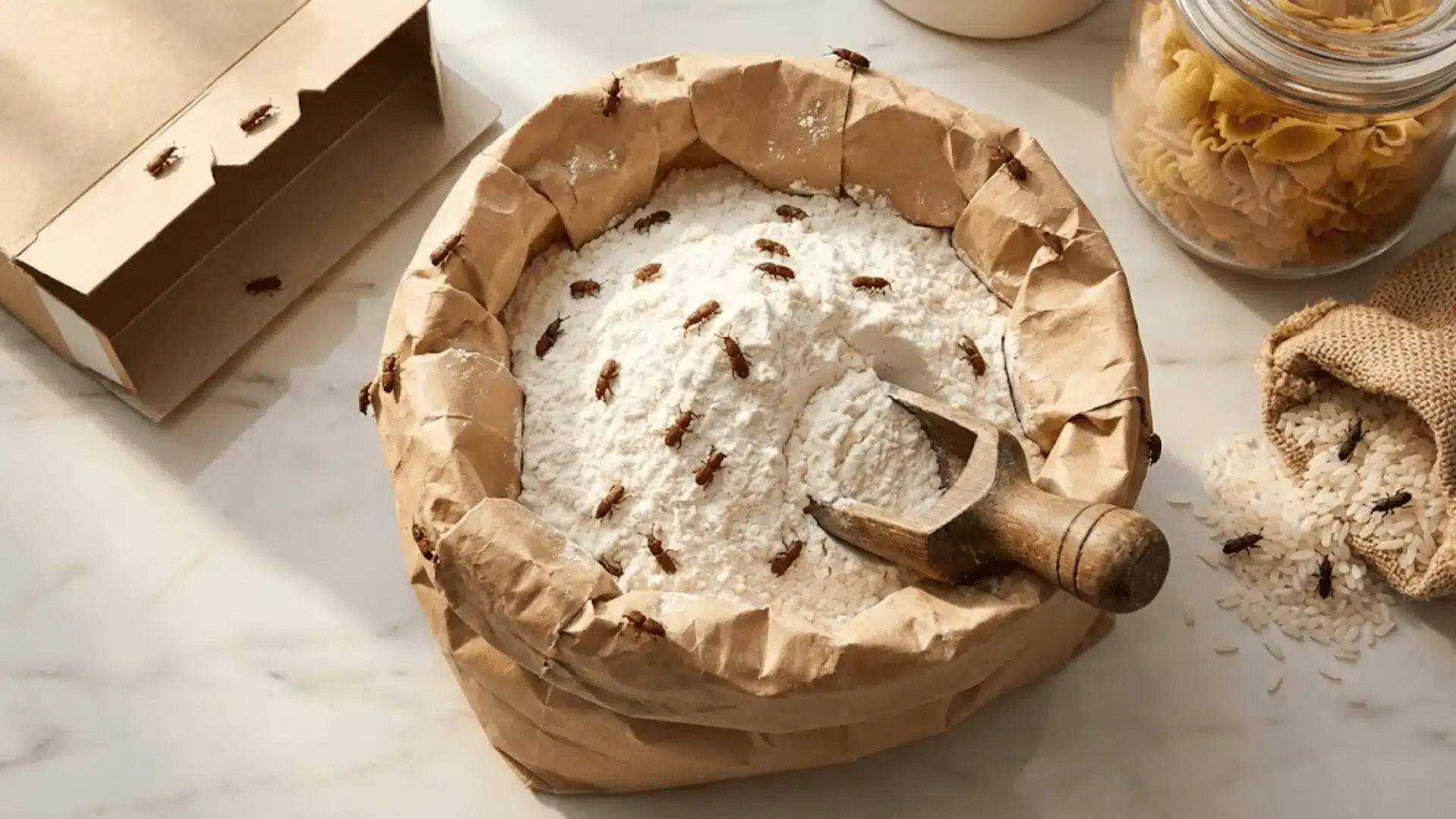 small brown pantry bugs on open flour bag with cereal box, pasta jar, and rice on kitchen counter