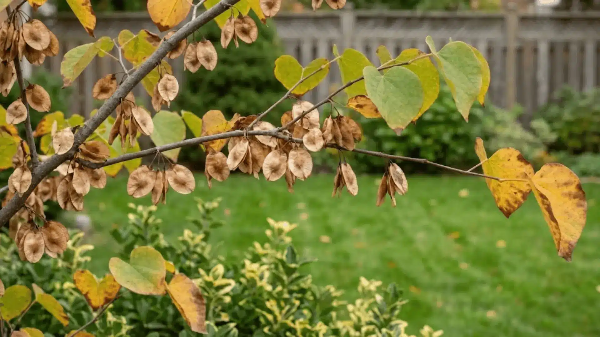 small flat redbud seed pods drying on a branch alongside heart-shaped leaves in late season