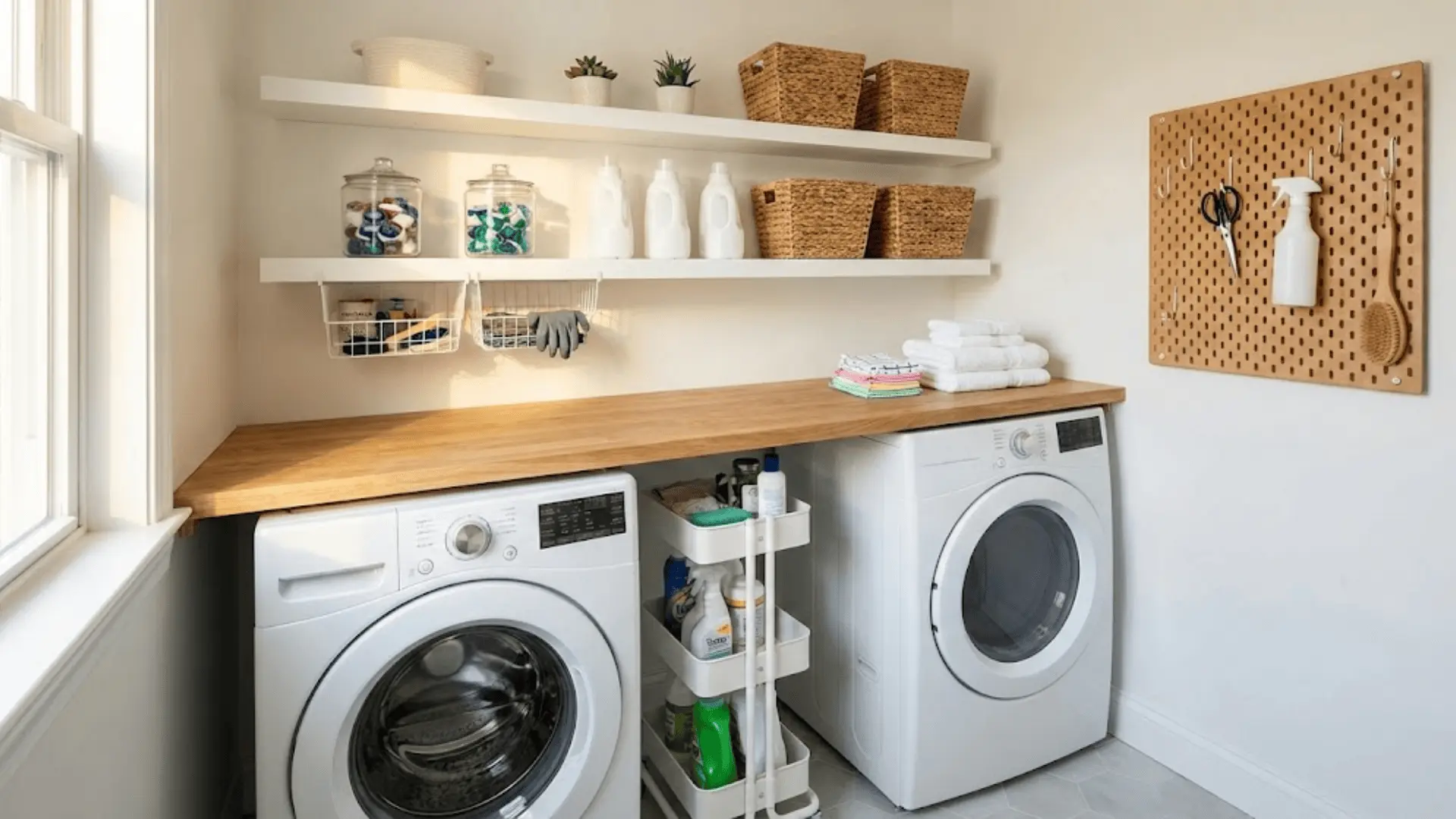 small laundry room with floating shelves, pegboard storage, and rolling cart organization (1)