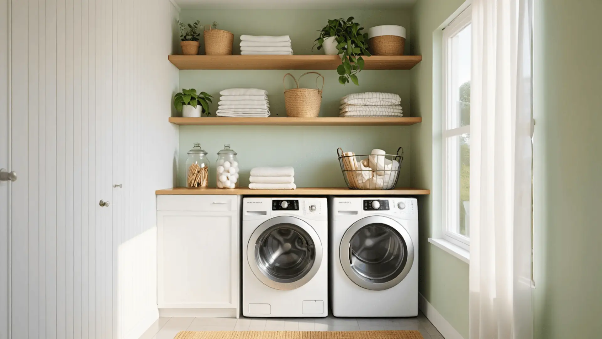 small laundry room with white appliances, open shelving, hanging plants, and natural light