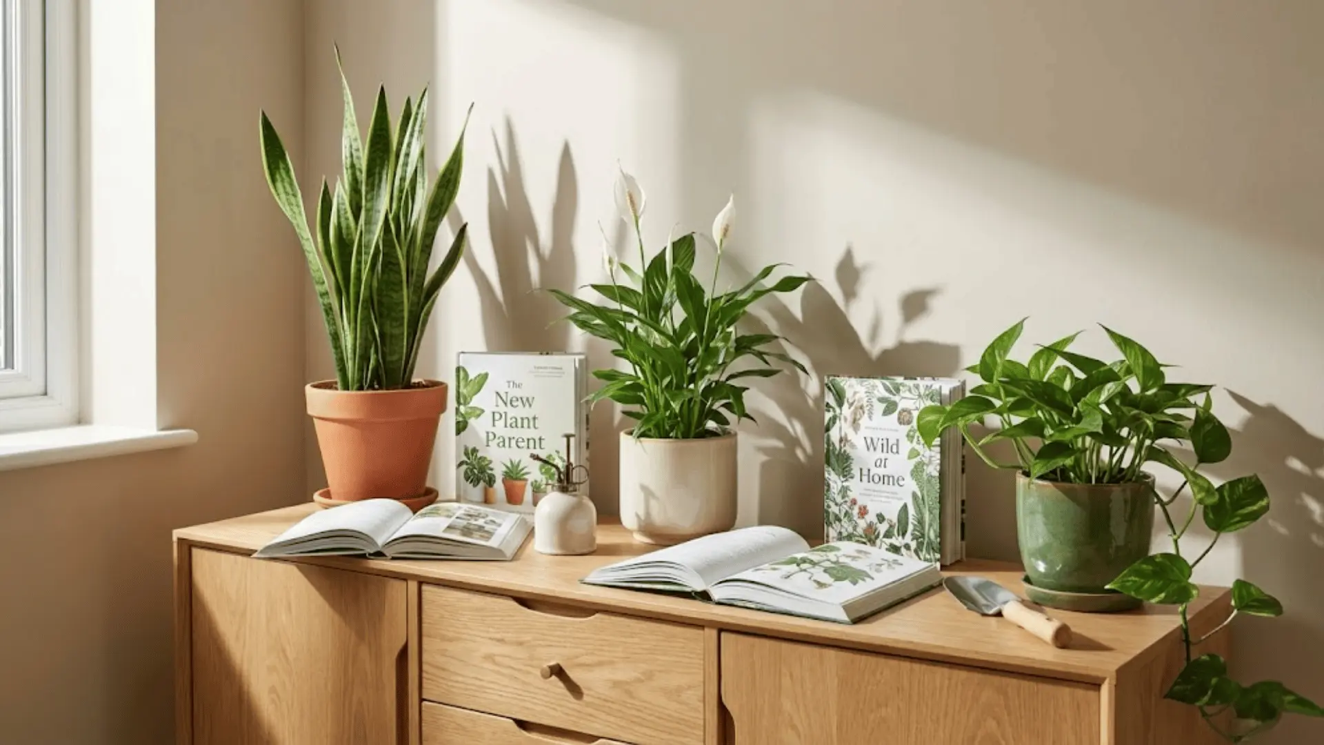 snake plant peace lily and pothos on a oak sideboard in a bright naturally lit indoor corner