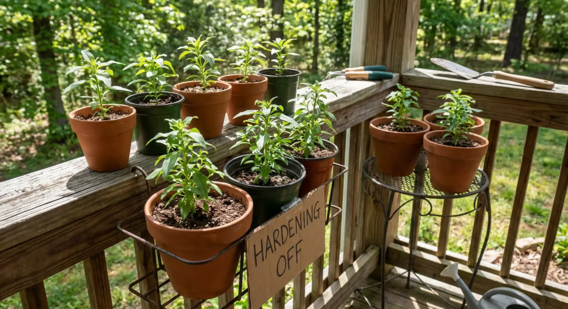 snapdragon seedlings hardening off outdoors before transplanting to garden