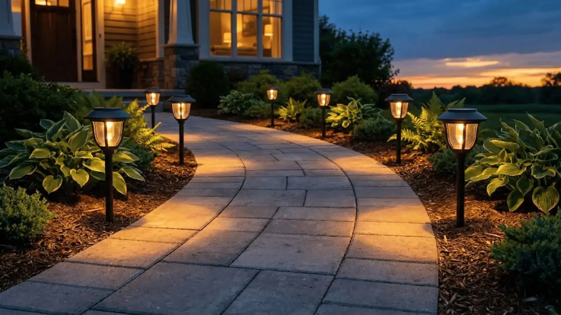 solar path lights glowing along curved walkway at twilight in front yard