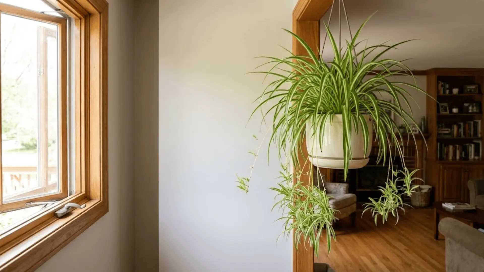 spider plant with trailing plantlets hanging in a ceramic pot near a bright open indoor window