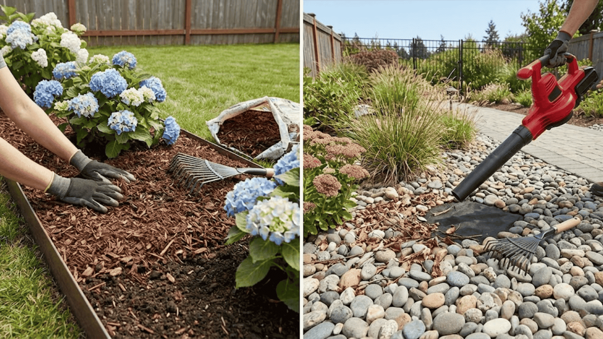 split image showing hands spreading fresh mulch on left and leaf blower cleaning rock bed on right