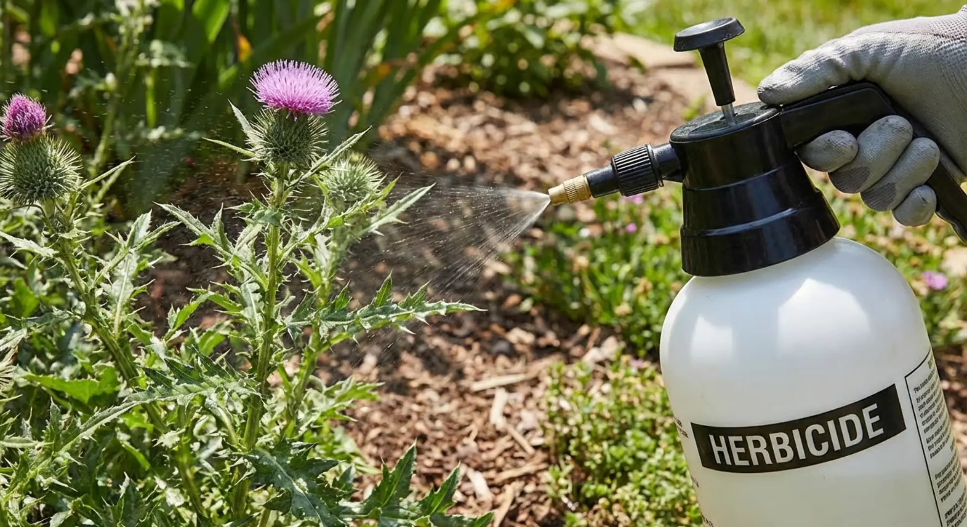 spot spraying herbicide on thistle weed with pump sprayer