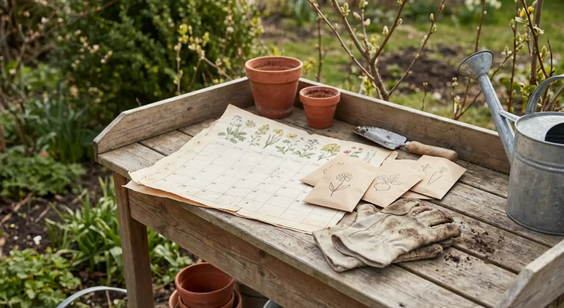 spring planting setup with seed packets and gardening supplies on work table