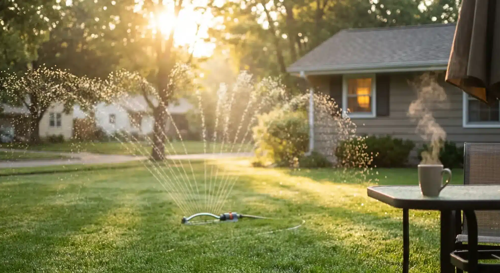 sprinkler watering lawn during early morning golden hour with sunrise in background