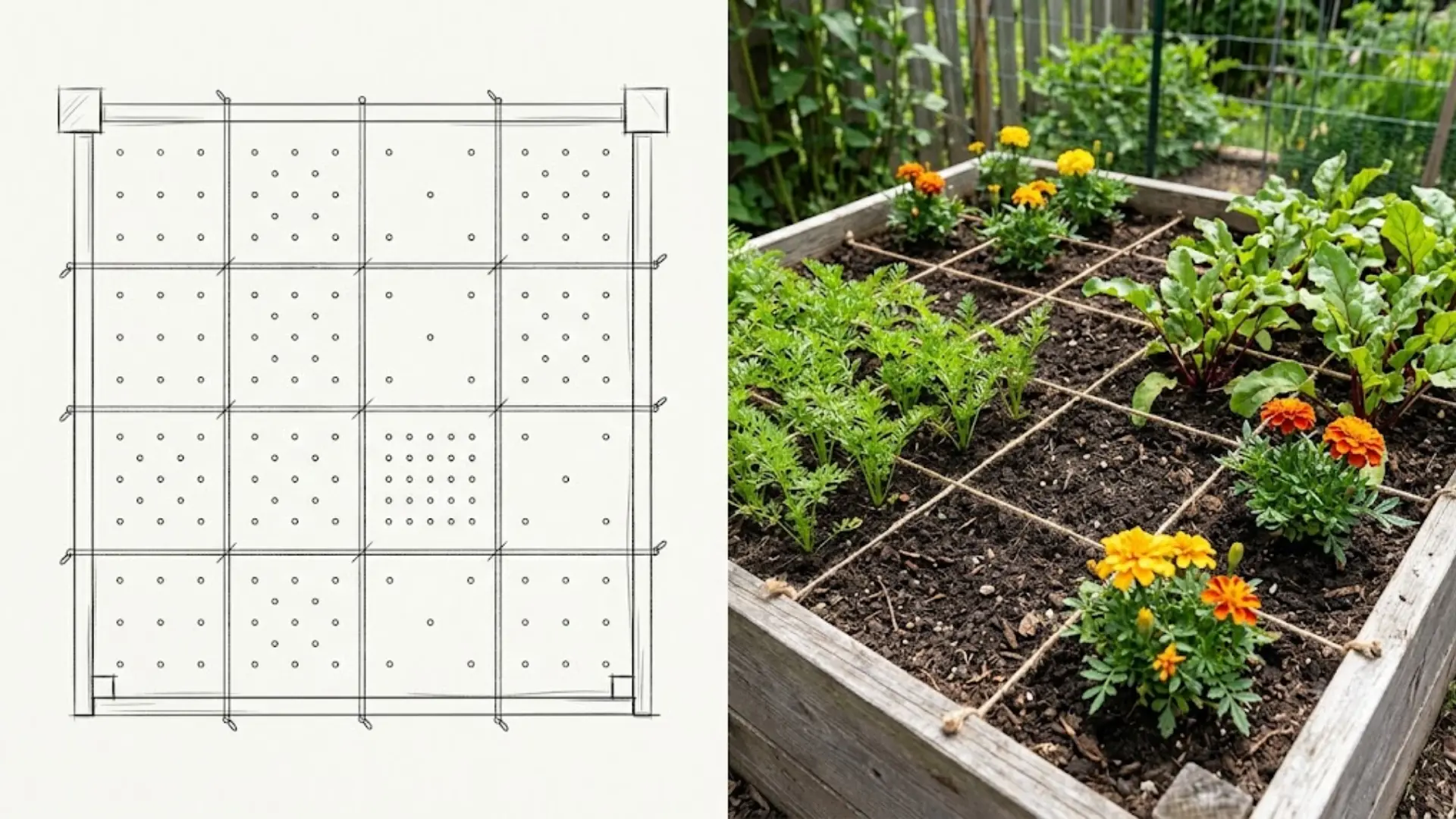 diagram and real photo of a square foot garden with marked planting grids